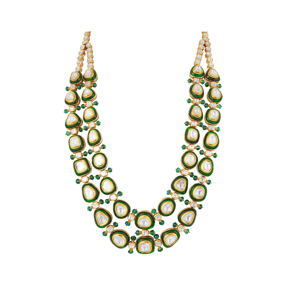 Polki Necklace with Green Chudi Work and Emerald Fungar Beads